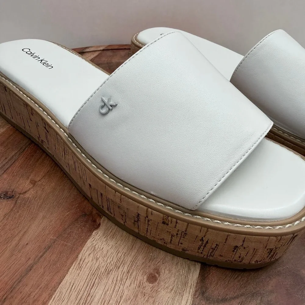 Calvin Klein White Arzelia Leather Cork Platform‎ Slide Sandals Womens 9.5 M